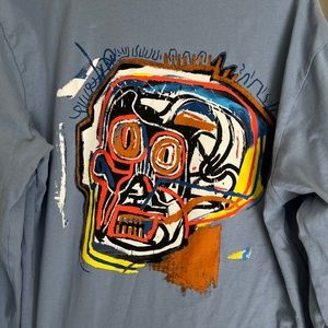 100% Cotton Basquiat  Large Large Long Sleeve T-Shirt Blue Untitled Skull Art